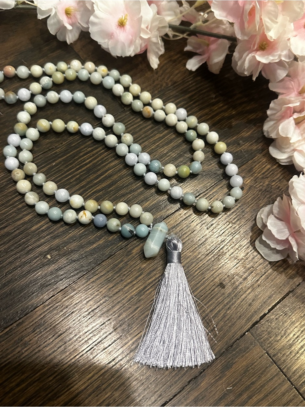 Amazonite 108 Beaded Mala Necklace with Silver Tassel
